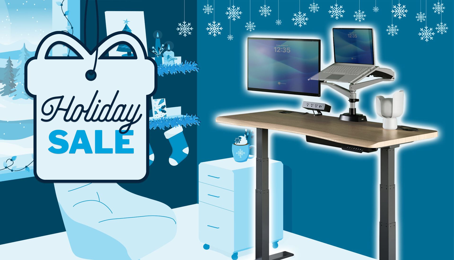 electric standing desk highlighted in a winter wonderland themed office illustration